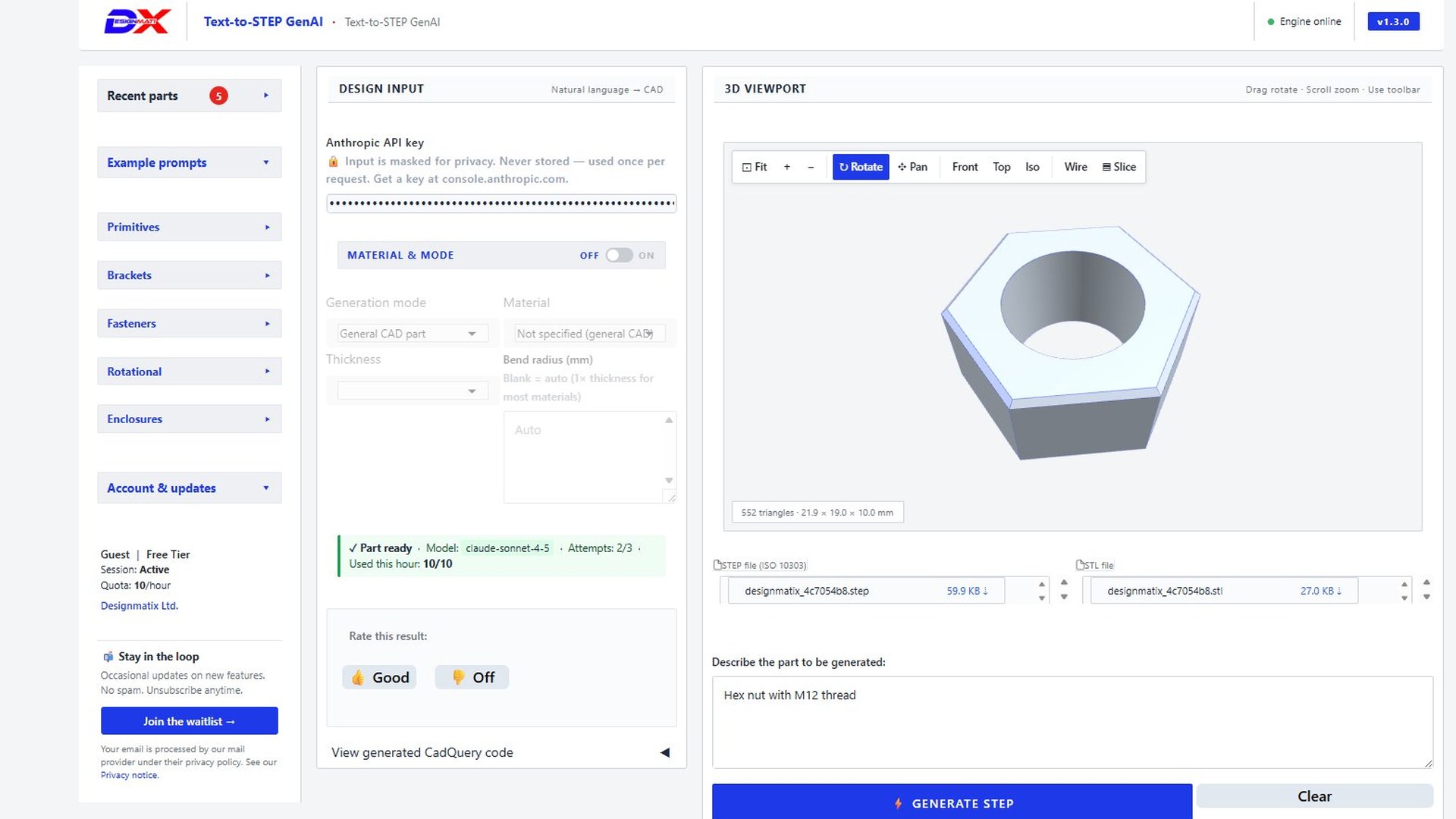 Designmatix app showing a generated M12 hex nut rendered in 3D viewport with STEP and STL file downloads ready